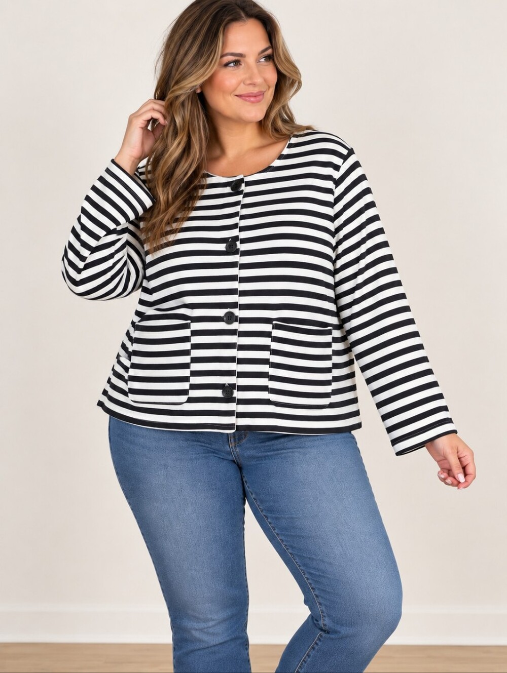 Croft & Barrow Striped Button Front Cardigan Jacket Women XXL Black White